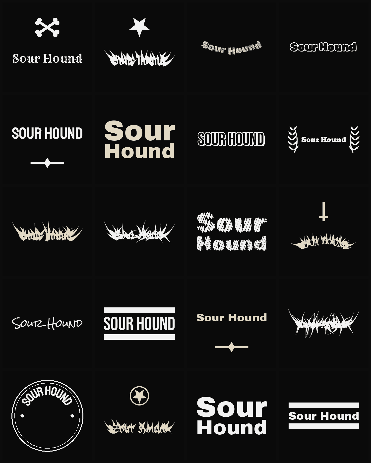 Twenty Sour Hound band logo ideas — different faces, treatments and spike settings