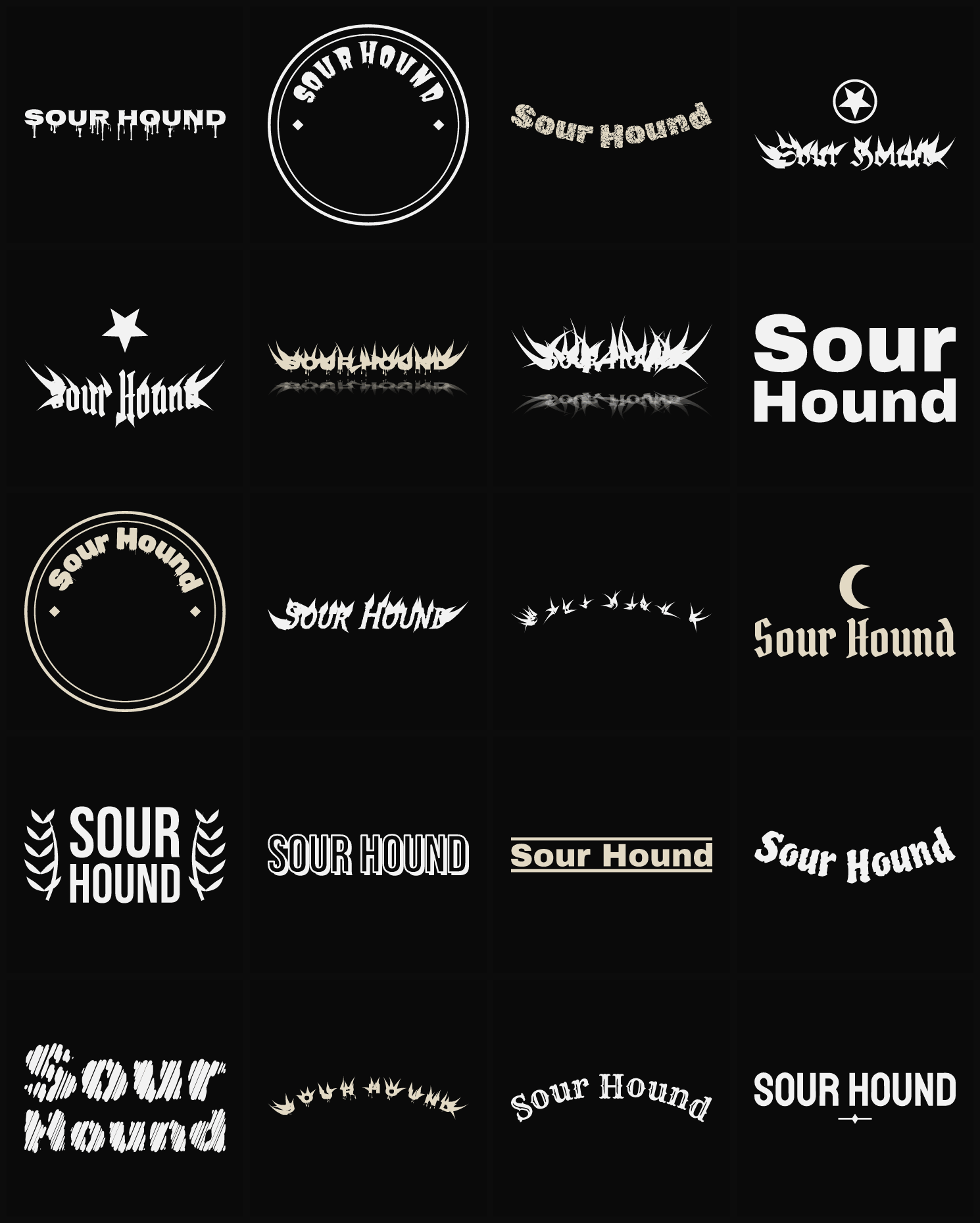Twenty Sour Hound band logo ideas — different faces, treatments and spike settings