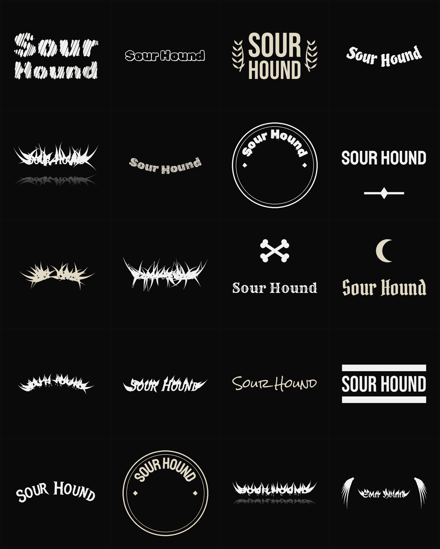 Twenty Sour Hound band logo ideas — different faces, treatments and spike settings