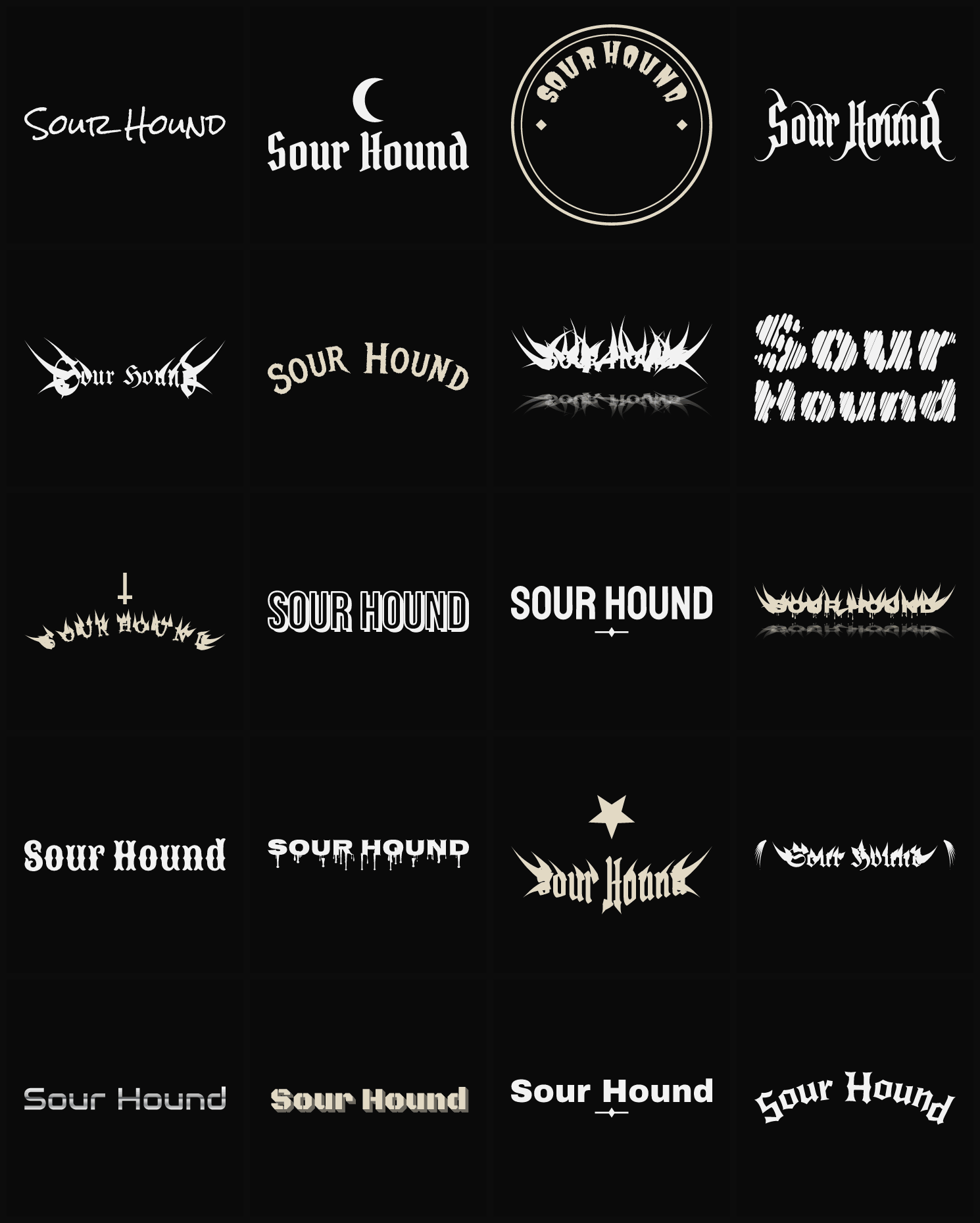 Twenty Sour Hound band logo ideas — different faces, treatments and spike settings