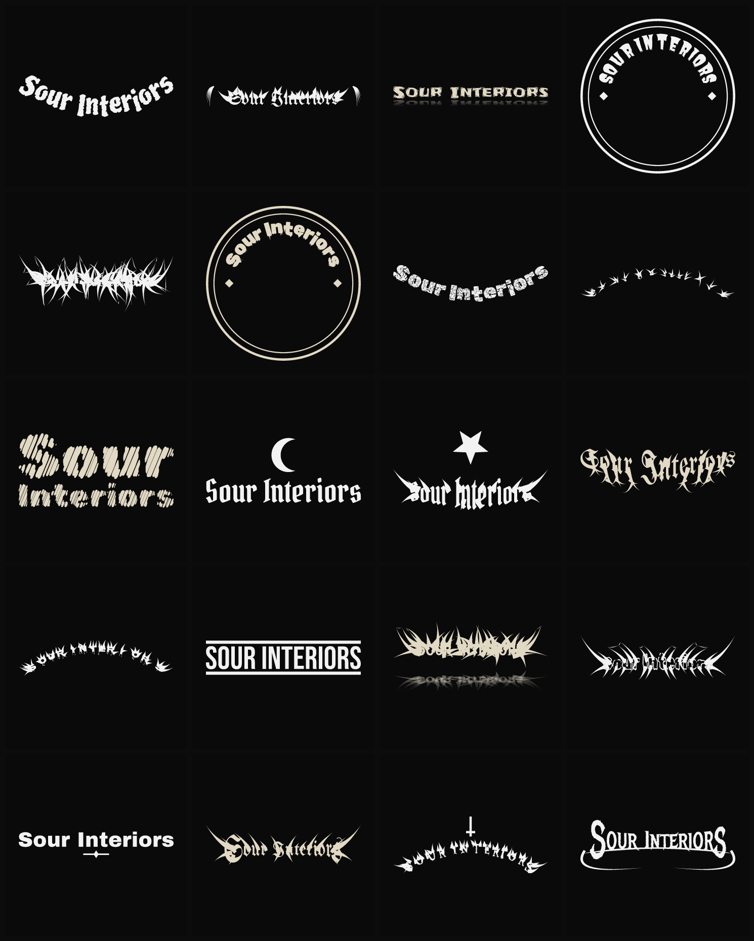 Twenty Sour Interiors band logo ideas — different faces, treatments and spike settings