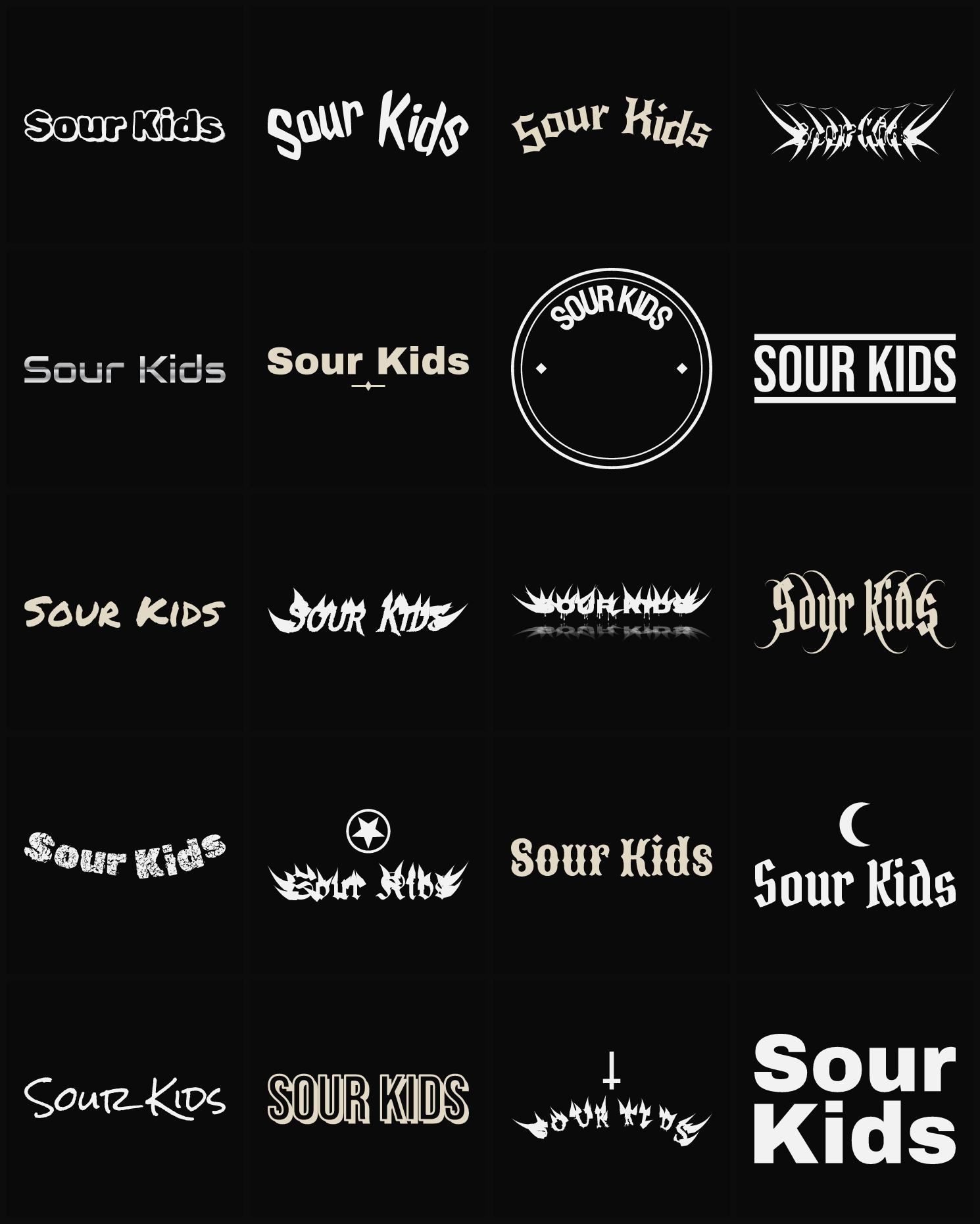 Twenty Sour Kids band logo ideas — different faces, treatments and spike settings