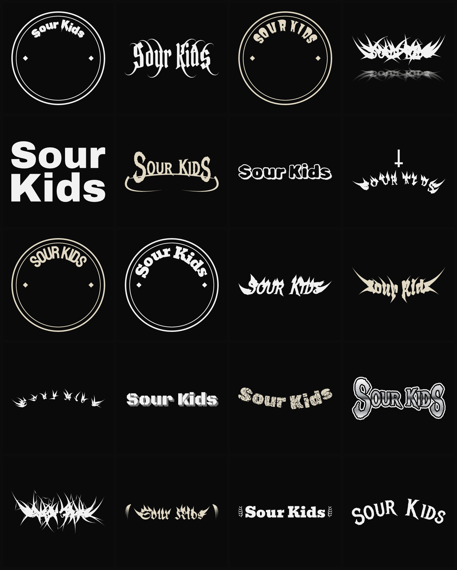 Twenty Sour Kids band logo ideas — different faces, treatments and spike settings