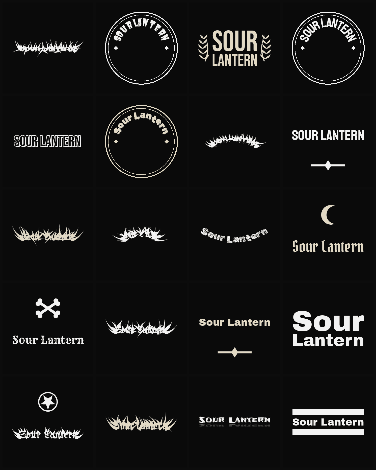 Twenty Sour Lantern band logo ideas — different faces, treatments and spike settings