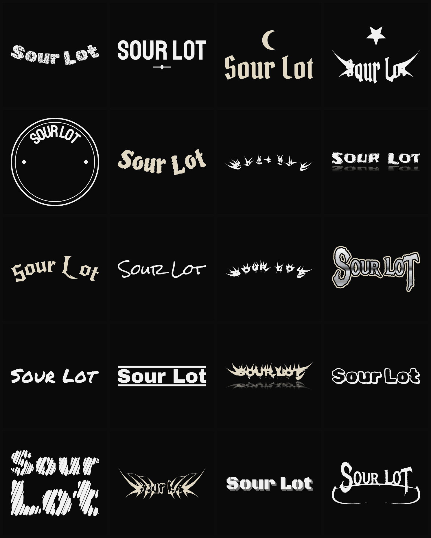 Twenty Sour Lot band logo ideas — different faces, treatments and spike settings
