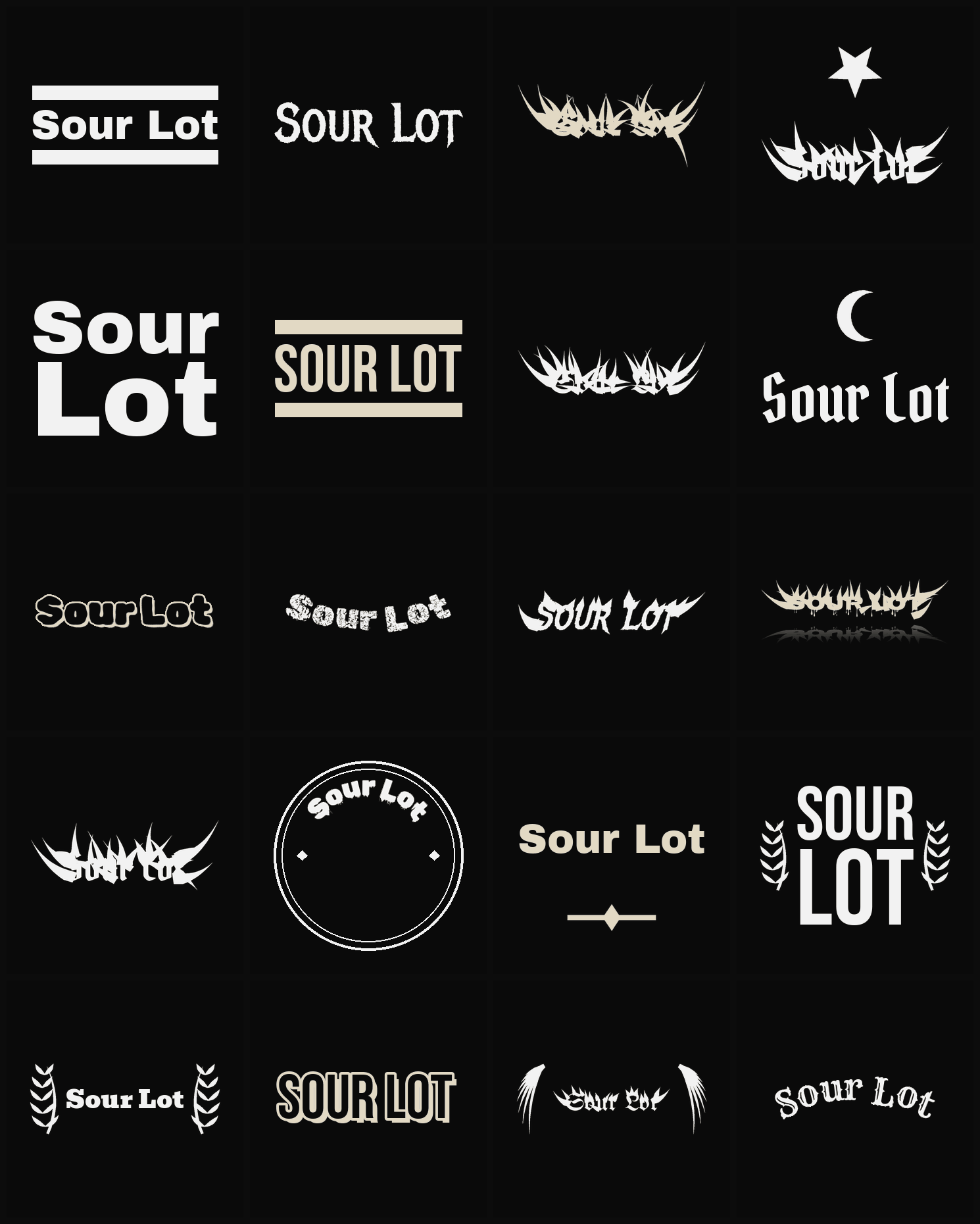 Twenty Sour Lot band logo ideas — different faces, treatments and spike settings