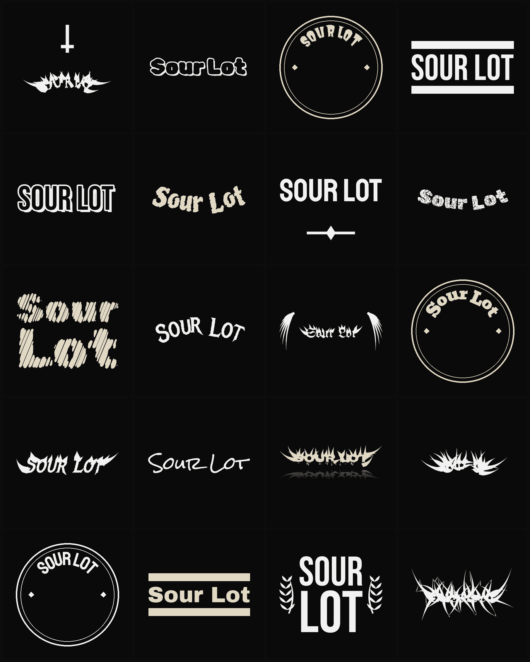 Twenty Sour Lot band logo ideas — different faces, treatments and spike settings