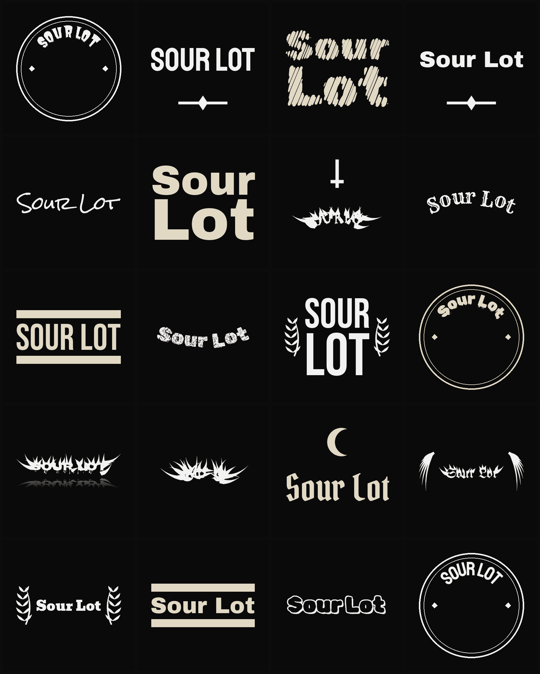 Twenty Sour Lot band logo ideas — different faces, treatments and spike settings