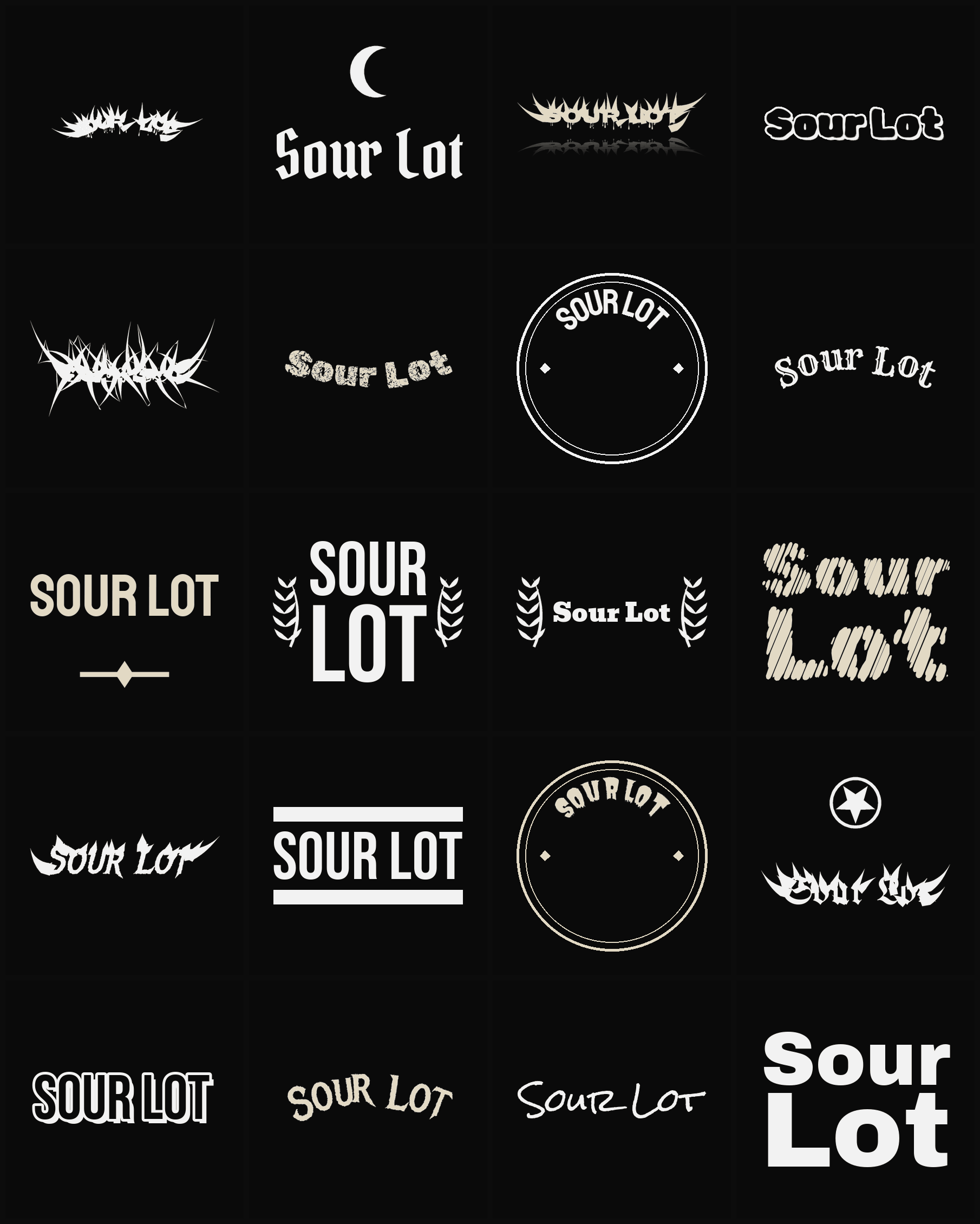 Twenty Sour Lot band logo ideas — different faces, treatments and spike settings