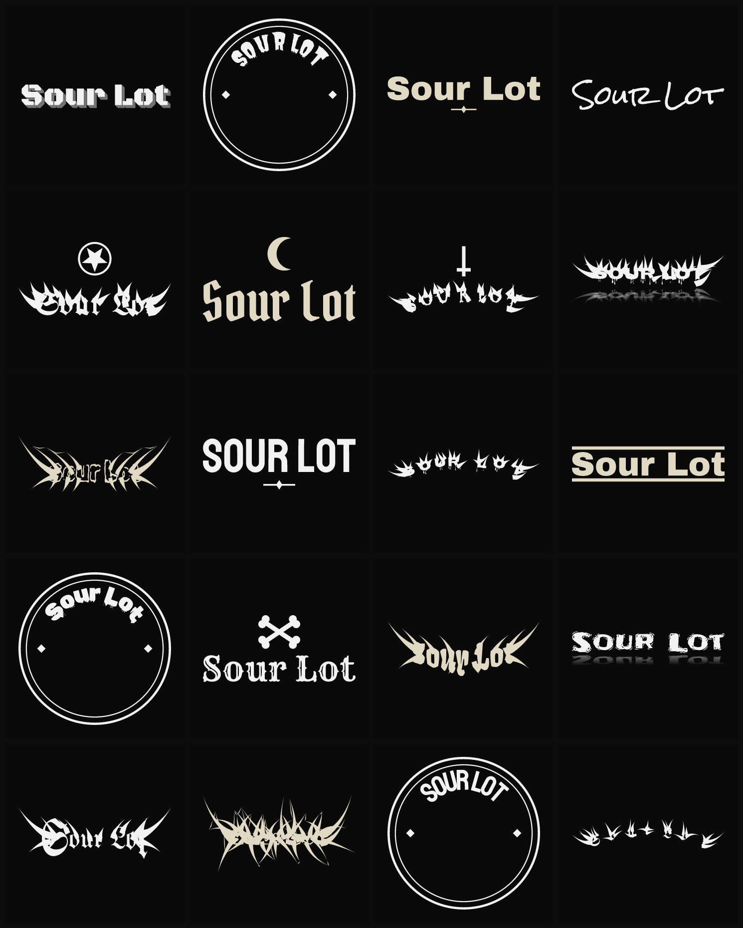 Twenty Sour Lot band logo ideas — different faces, treatments and spike settings