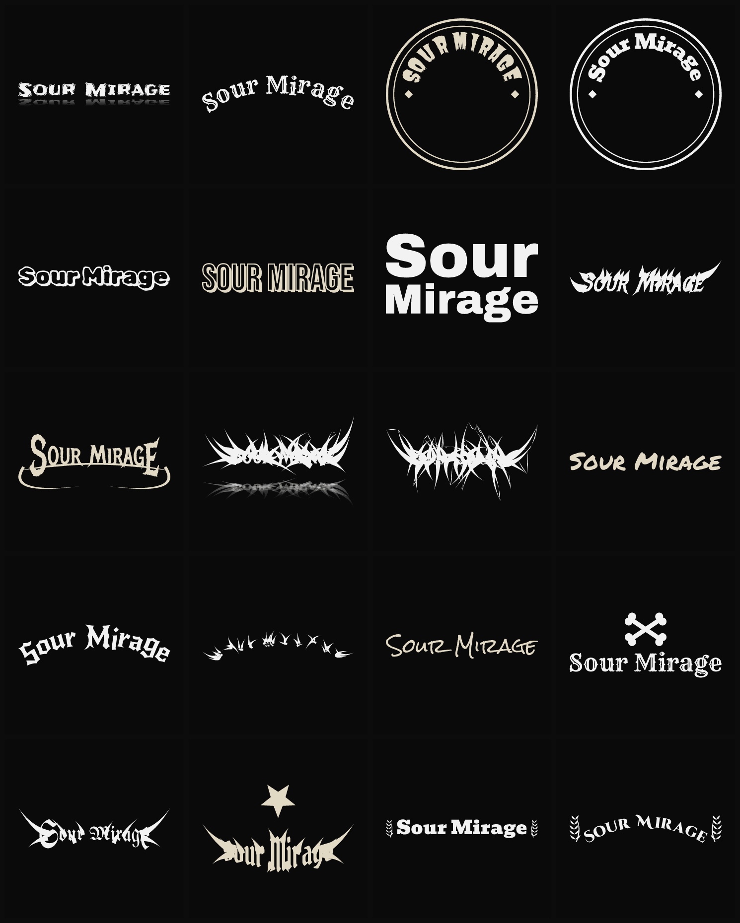 Twenty Sour Mirage band logo ideas — different faces, treatments and spike settings