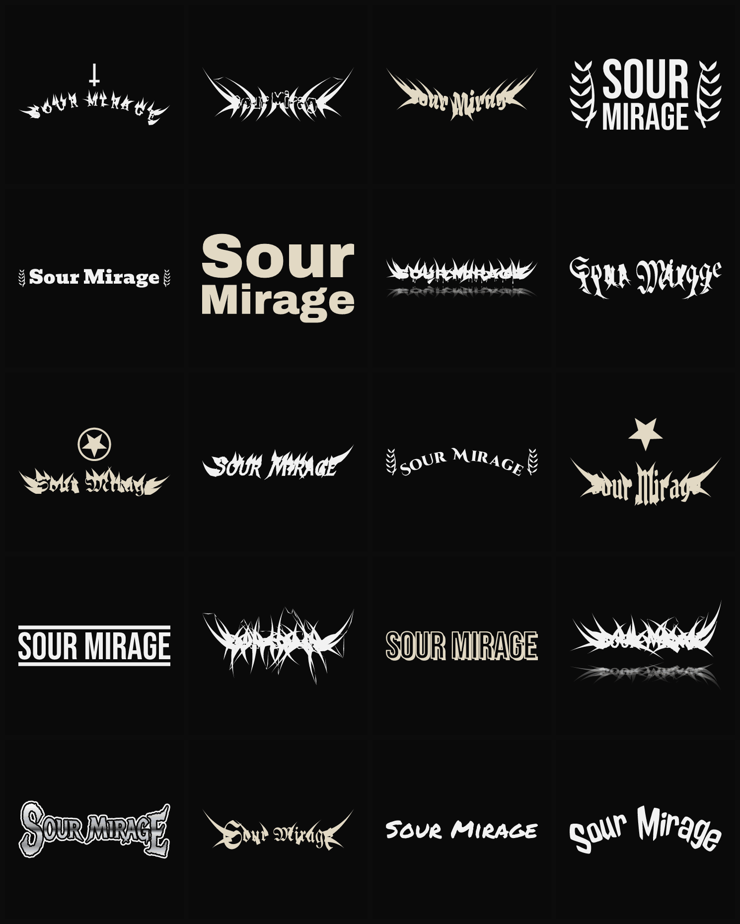 Twenty Sour Mirage band logo ideas — different faces, treatments and spike settings