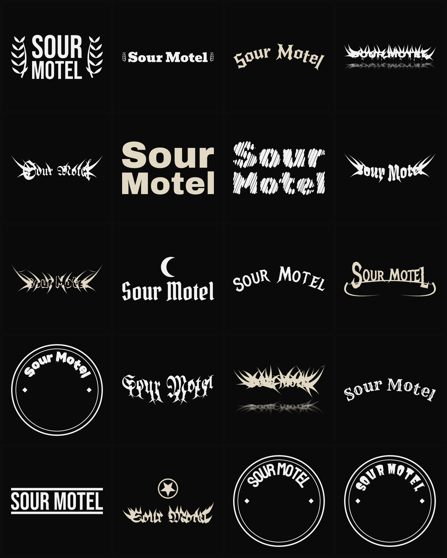 Twenty Sour Motel band logo ideas — different faces, treatments and spike settings