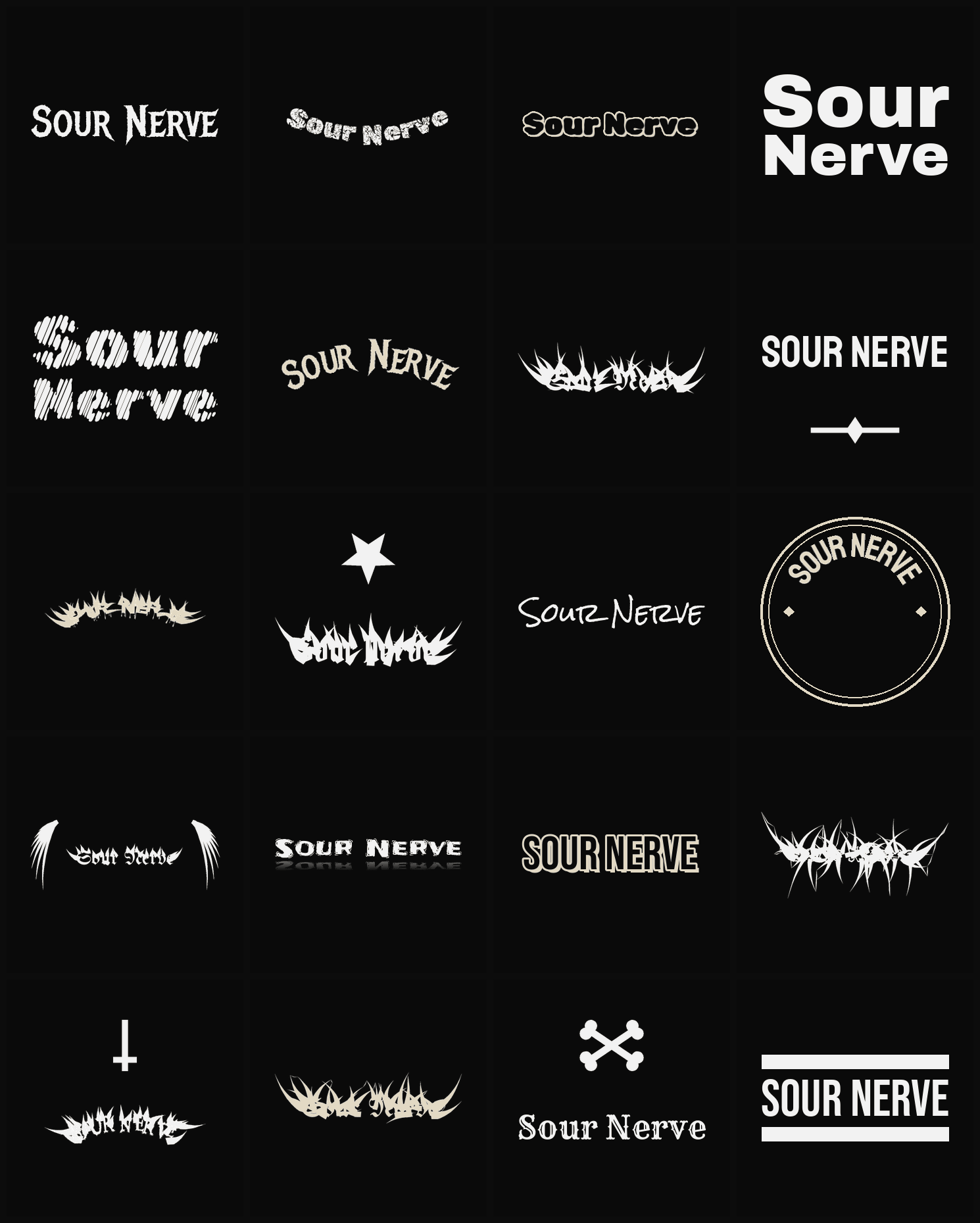 Twenty Sour Nerve band logo ideas — different faces, treatments and spike settings