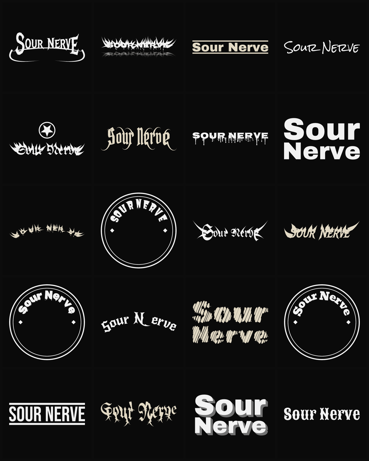 Twenty Sour Nerve band logo ideas — different faces, treatments and spike settings