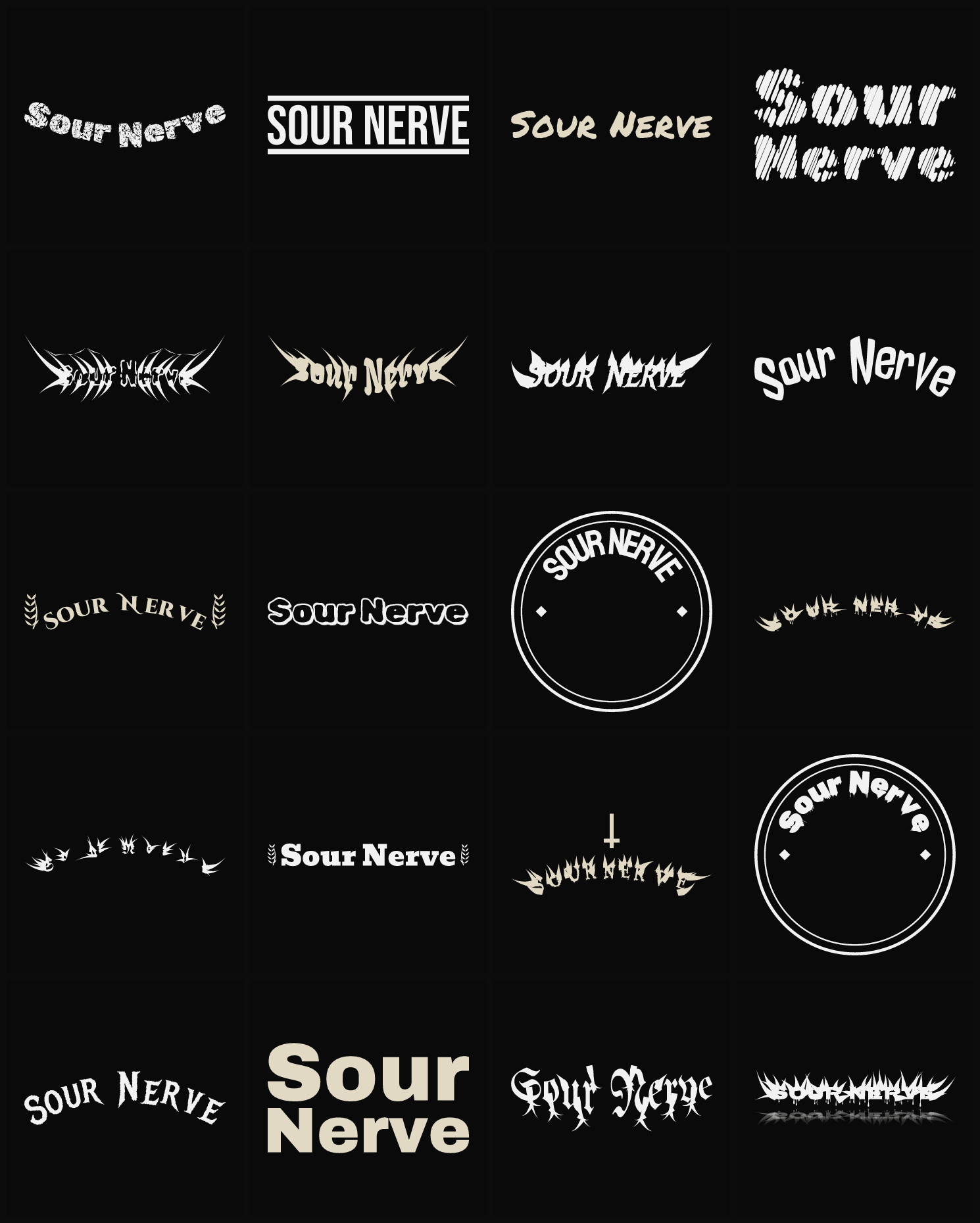 Twenty Sour Nerve band logo ideas — different faces, treatments and spike settings