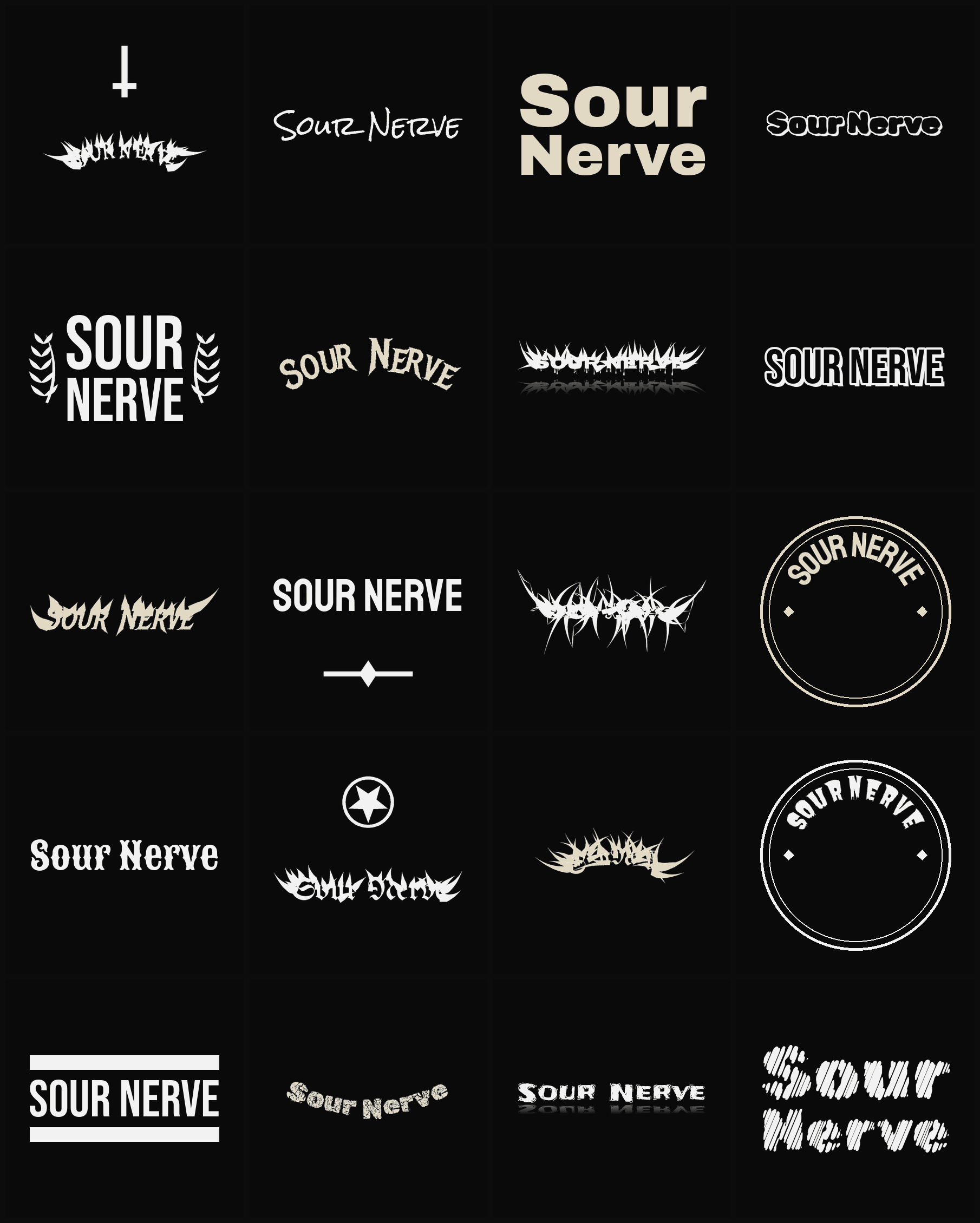 Twenty Sour Nerve band logo ideas — different faces, treatments and spike settings