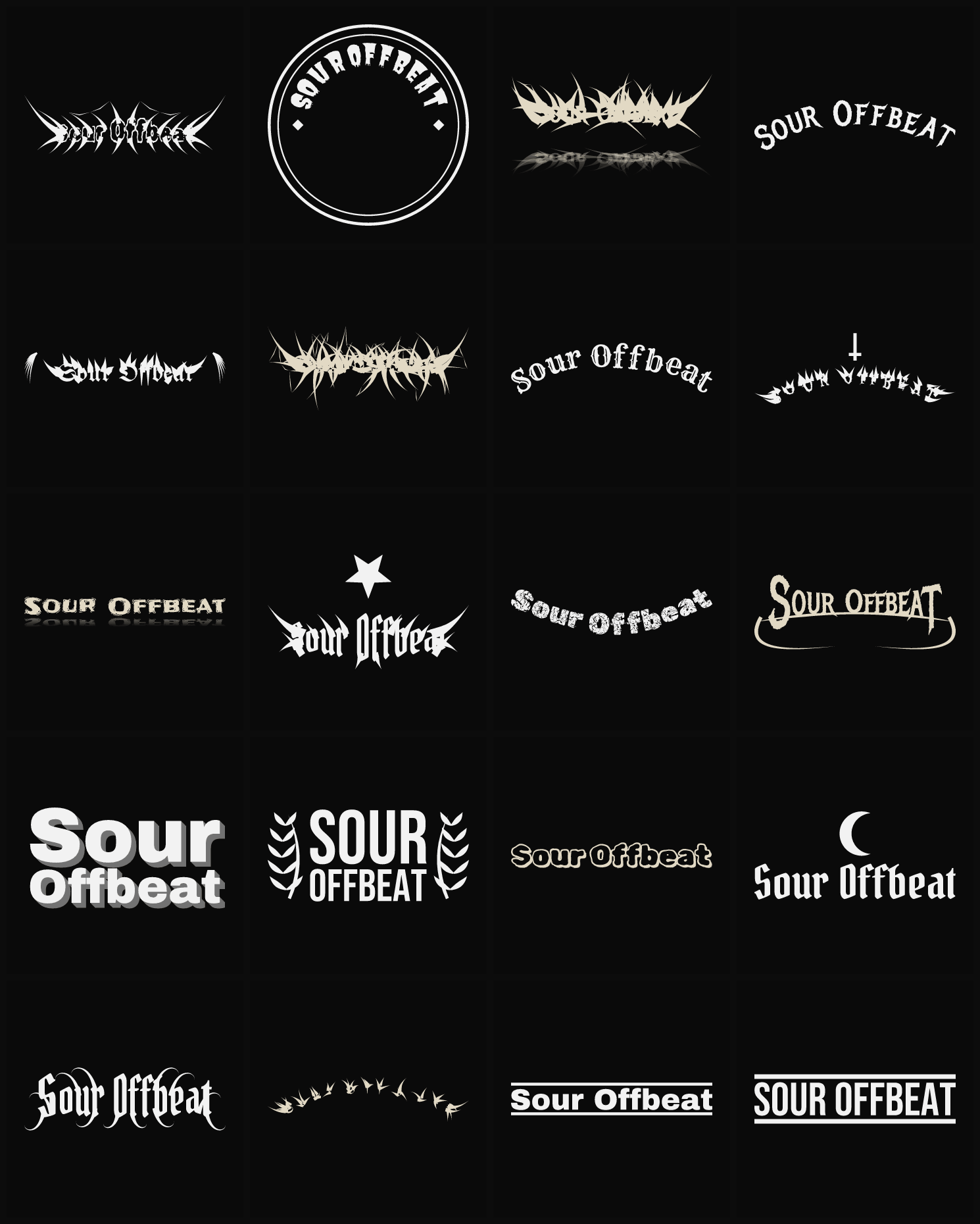 Twenty Sour Offbeat band logo ideas — different faces, treatments and spike settings