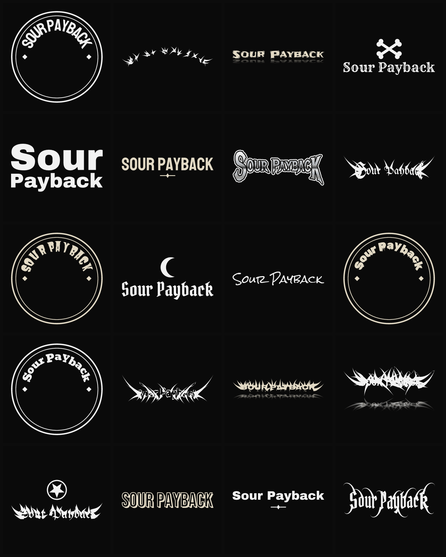 Twenty Sour Payback band logo ideas — different faces, treatments and spike settings