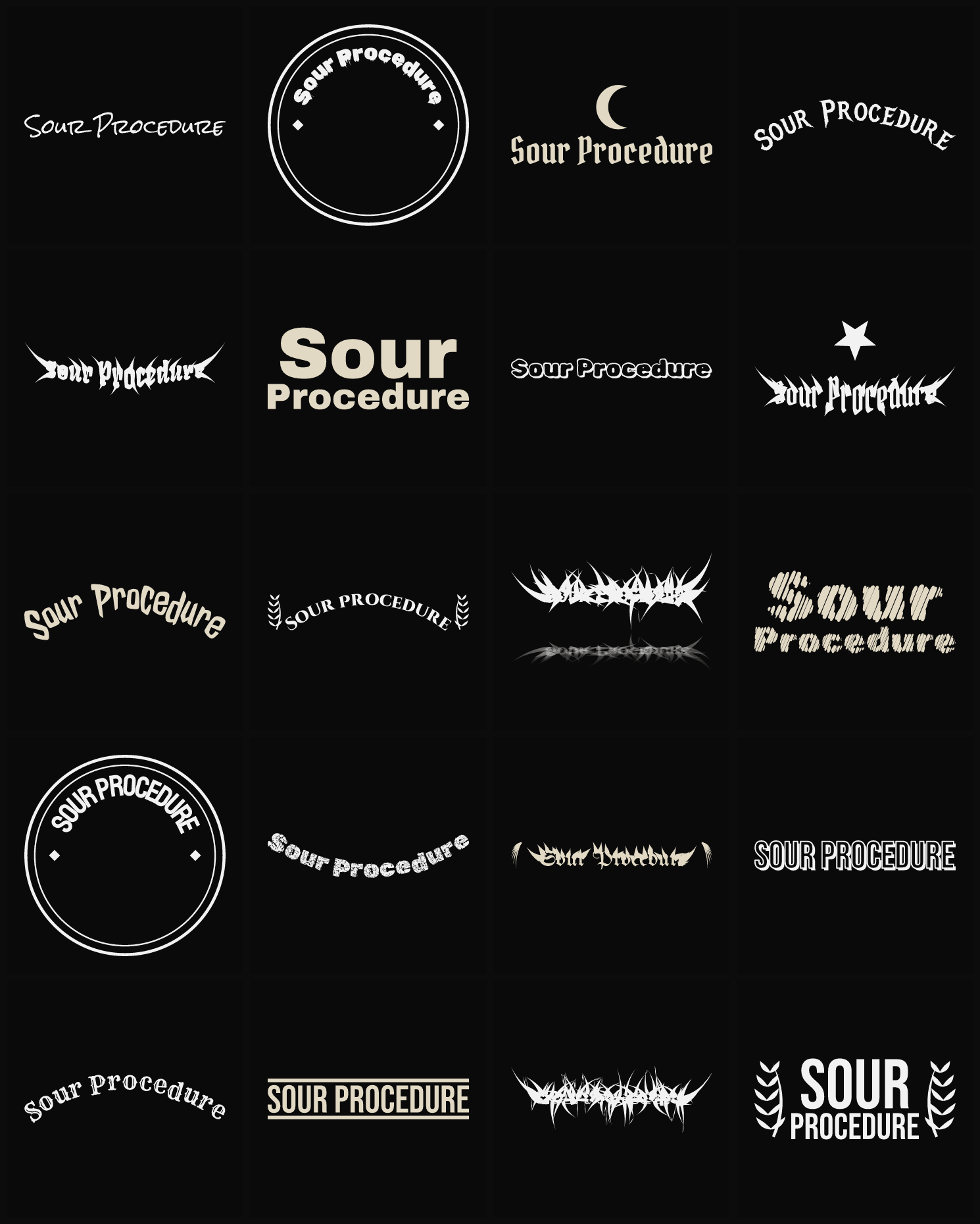Twenty Sour Procedure band logo ideas — different faces, treatments and spike settings