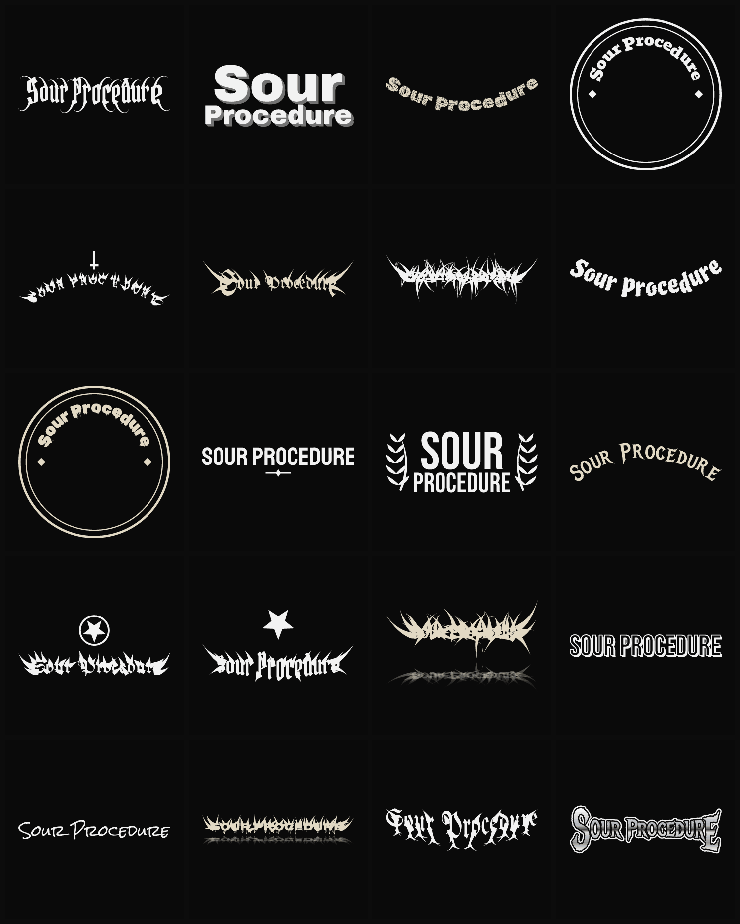 Twenty Sour Procedure band logo ideas — different faces, treatments and spike settings