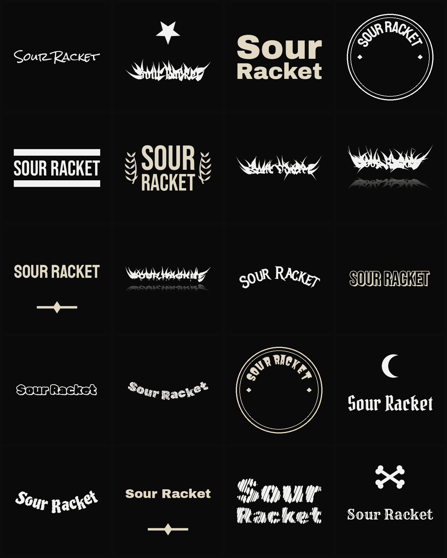 Twenty Sour Racket band logo ideas — different faces, treatments and spike settings