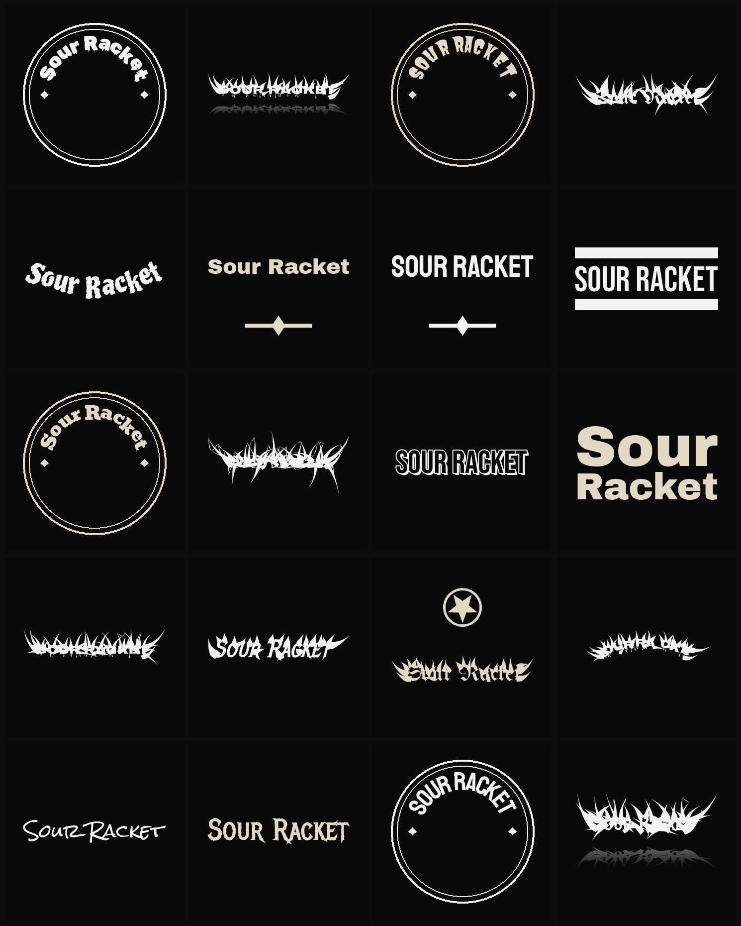 Twenty Sour Racket band logo ideas — different faces, treatments and spike settings