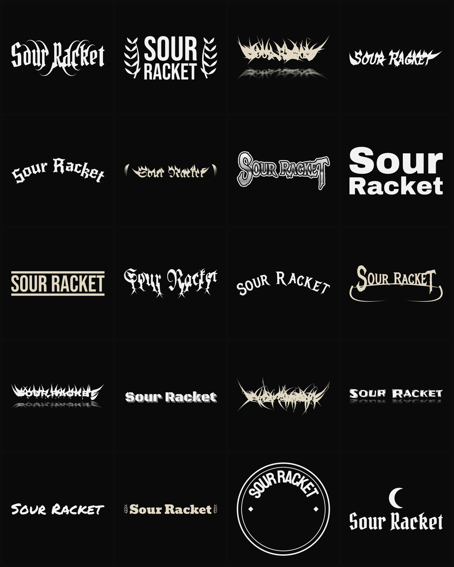 Twenty Sour Racket band logo ideas — different faces, treatments and spike settings