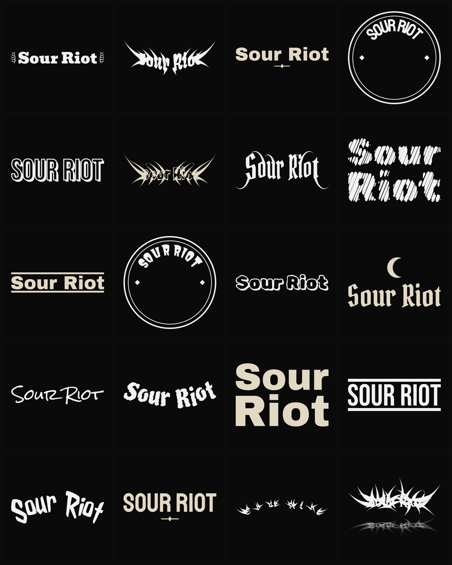 Twenty Sour Riot band logo ideas — different faces, treatments and spike settings