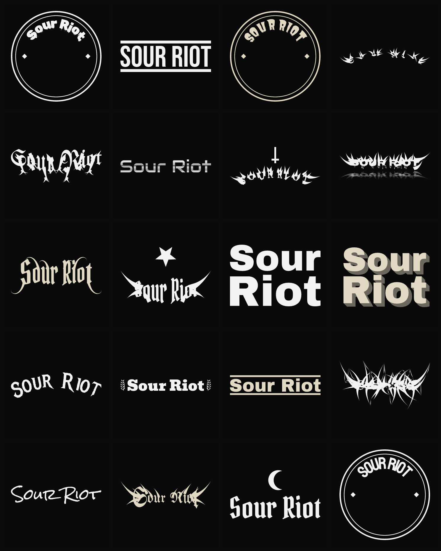 Twenty Sour Riot band logo ideas — different faces, treatments and spike settings