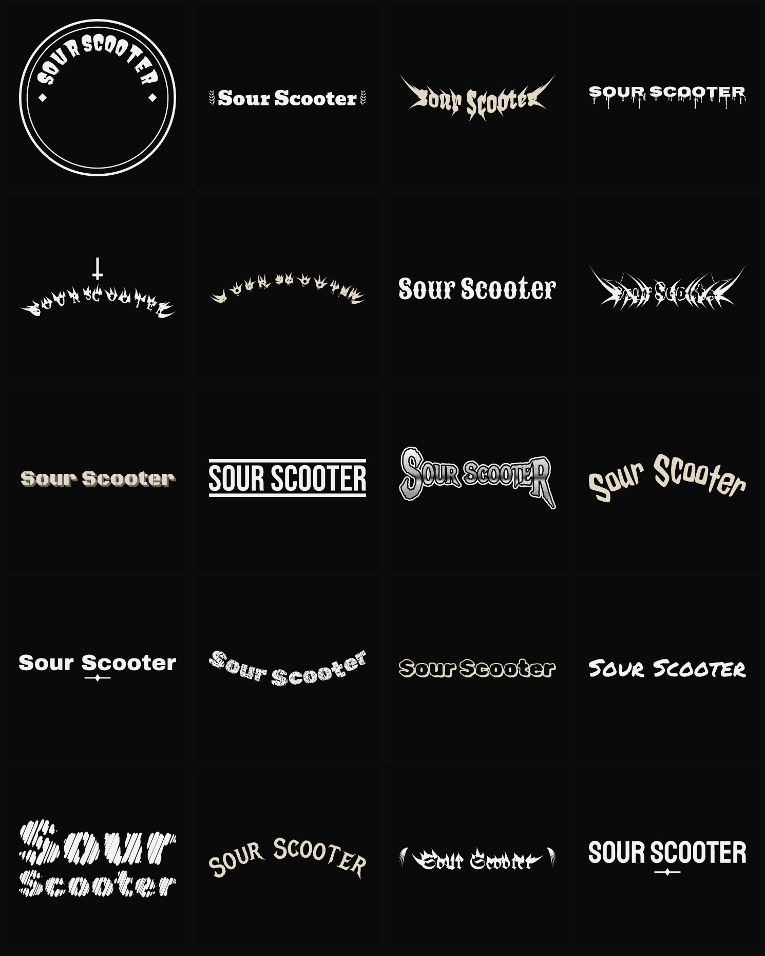 Twenty Sour Scooter band logo ideas — different faces, treatments and spike settings