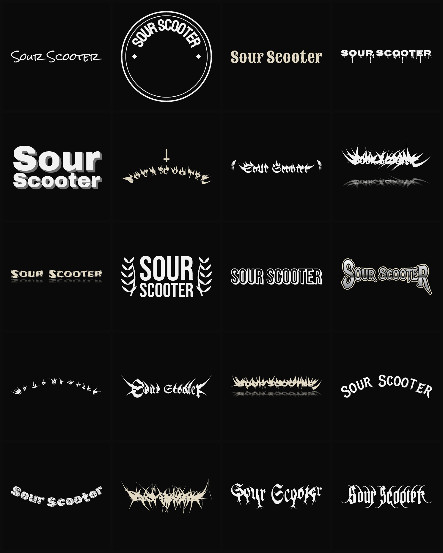 Twenty Sour Scooter band logo ideas — different faces, treatments and spike settings