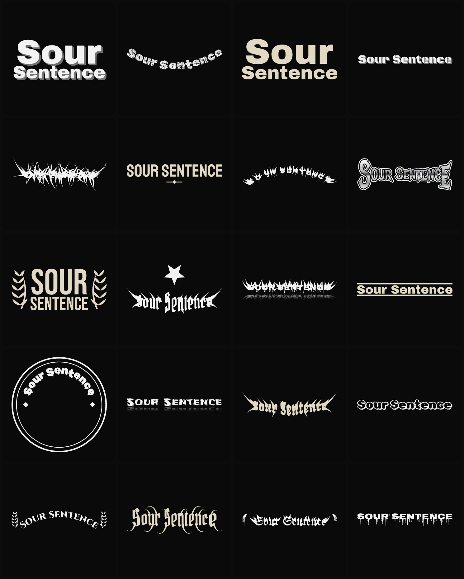 Twenty Sour Sentence band logo ideas — different faces, treatments and spike settings