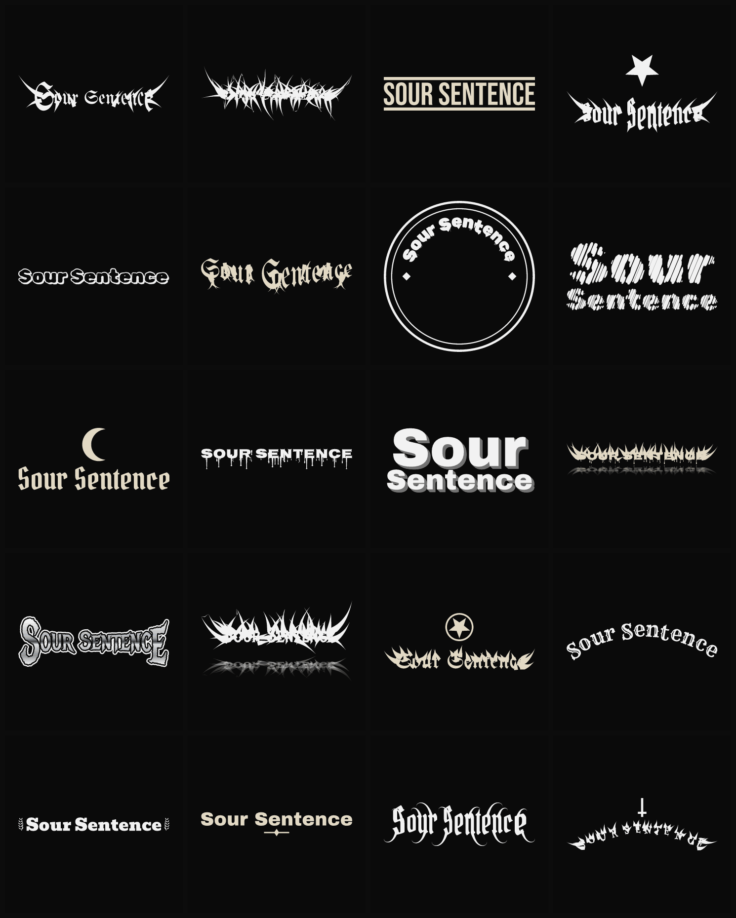 Twenty Sour Sentence band logo ideas — different faces, treatments and spike settings