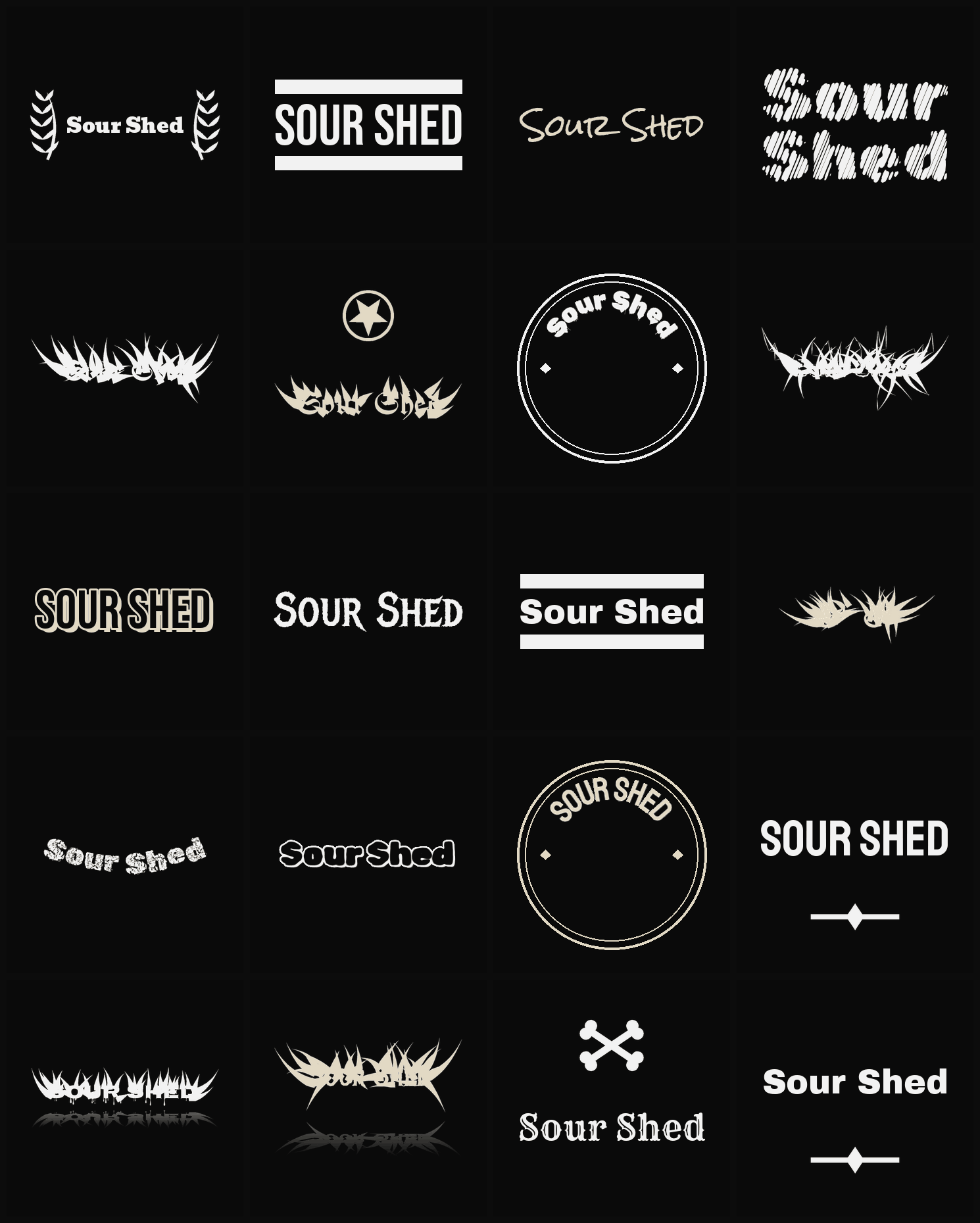 Twenty Sour Shed band logo ideas — different faces, treatments and spike settings