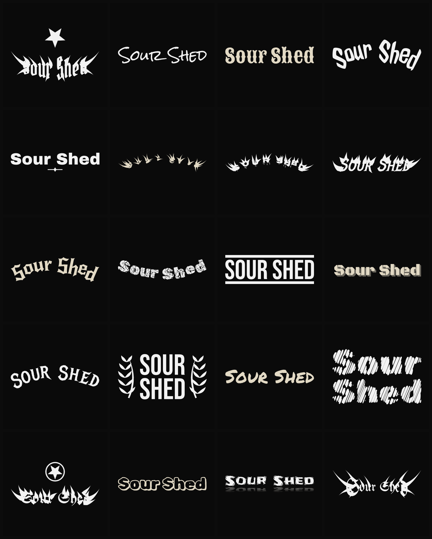 Twenty Sour Shed band logo ideas — different faces, treatments and spike settings