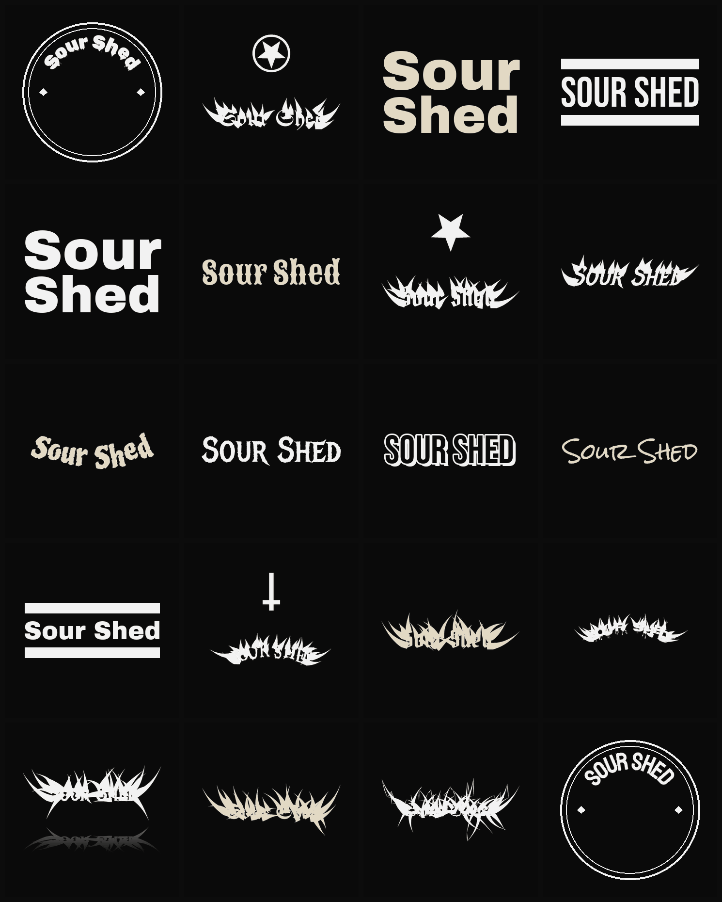 Twenty Sour Shed band logo ideas — different faces, treatments and spike settings