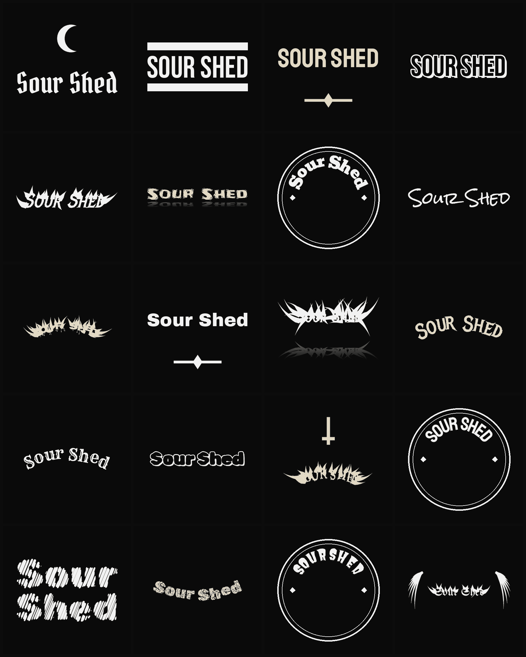Twenty Sour Shed band logo ideas — different faces, treatments and spike settings