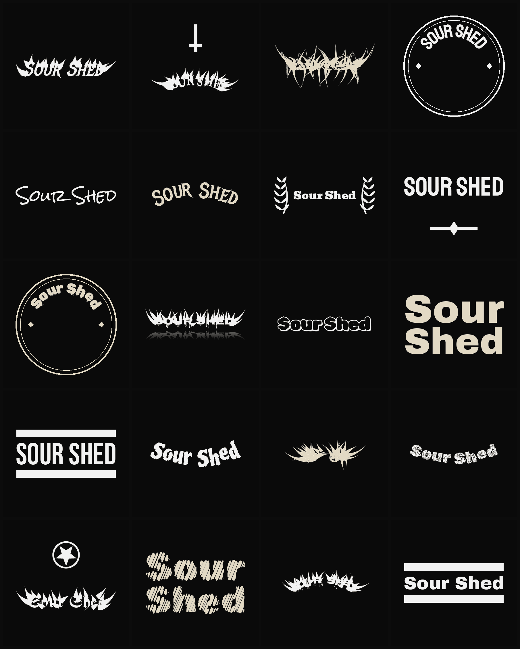 Twenty Sour Shed band logo ideas — different faces, treatments and spike settings