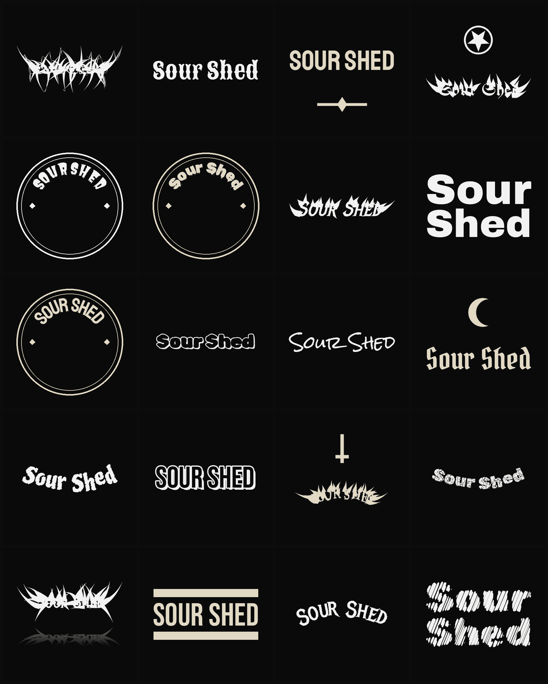 Twenty Sour Shed band logo ideas — different faces, treatments and spike settings