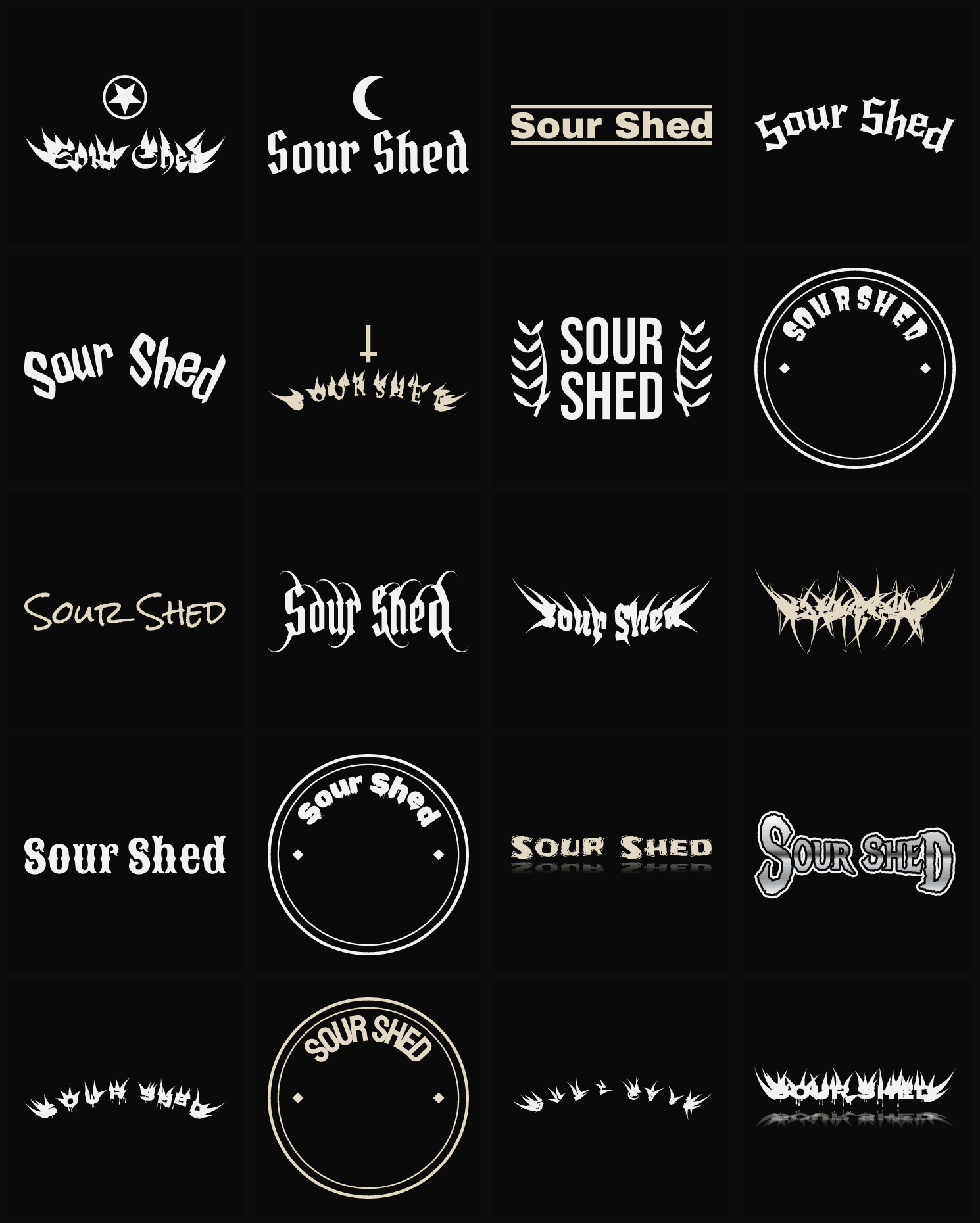 Twenty Sour Shed band logo ideas — different faces, treatments and spike settings