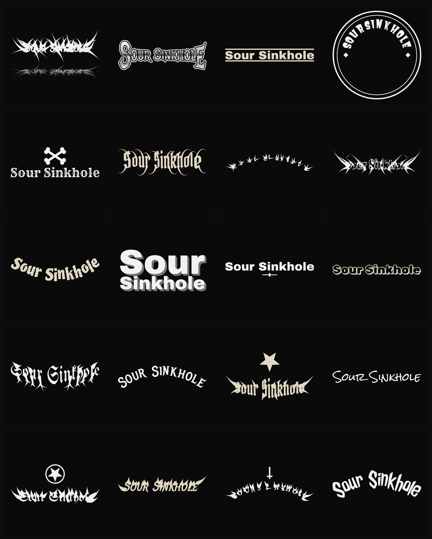 Twenty Sour Sinkhole band logo ideas — different faces, treatments and spike settings
