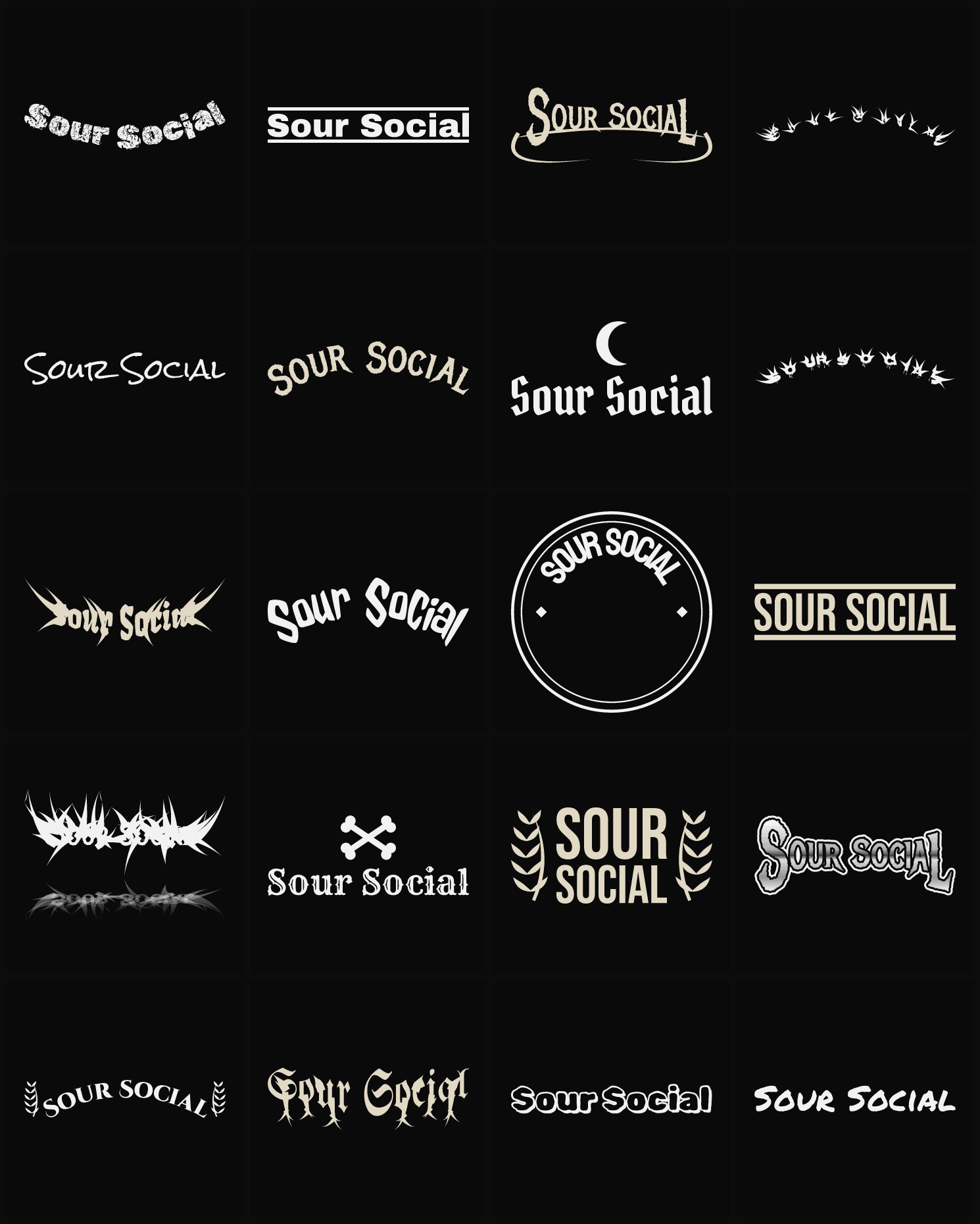 Twenty Sour Social band logo ideas — different faces, treatments and spike settings