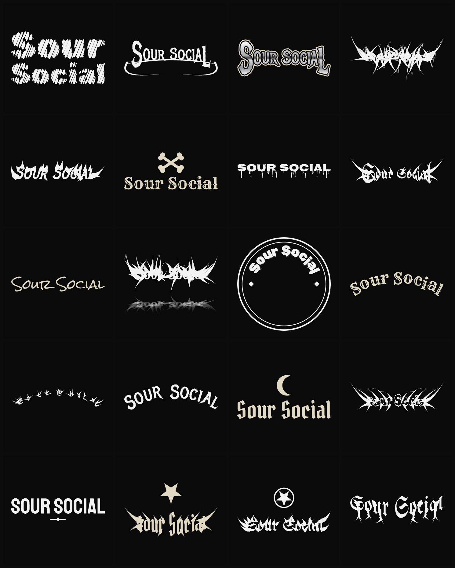 Twenty Sour Social band logo ideas — different faces, treatments and spike settings