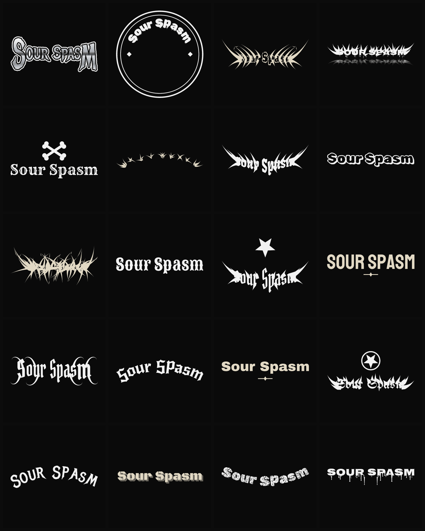 Twenty Sour Spasm band logo ideas — different faces, treatments and spike settings