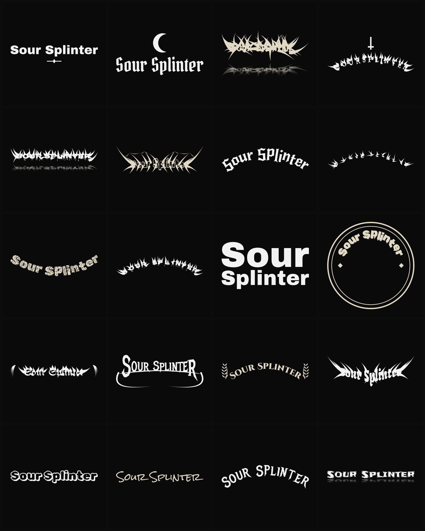 Twenty Sour Splinter band logo ideas — different faces, treatments and spike settings