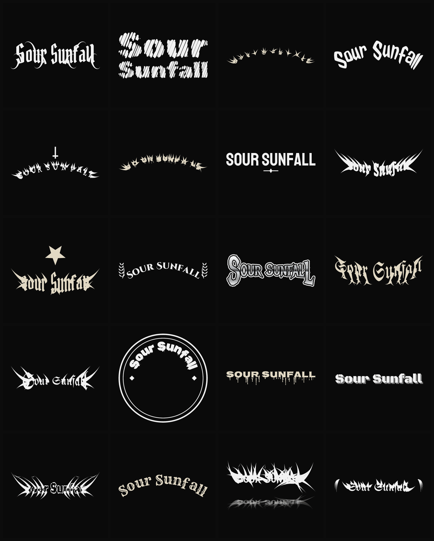 Twenty Sour Sunfall band logo ideas — different faces, treatments and spike settings