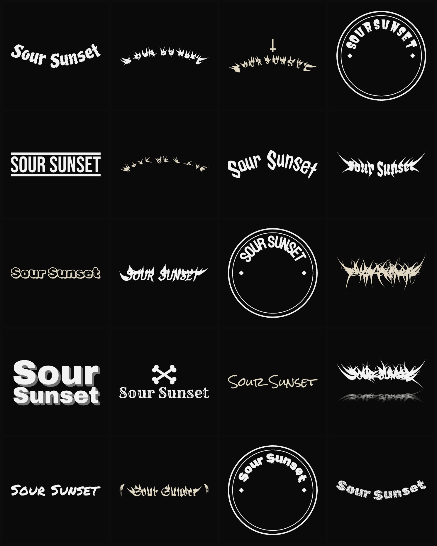 Twenty Sour Sunset band logo ideas — different faces, treatments and spike settings