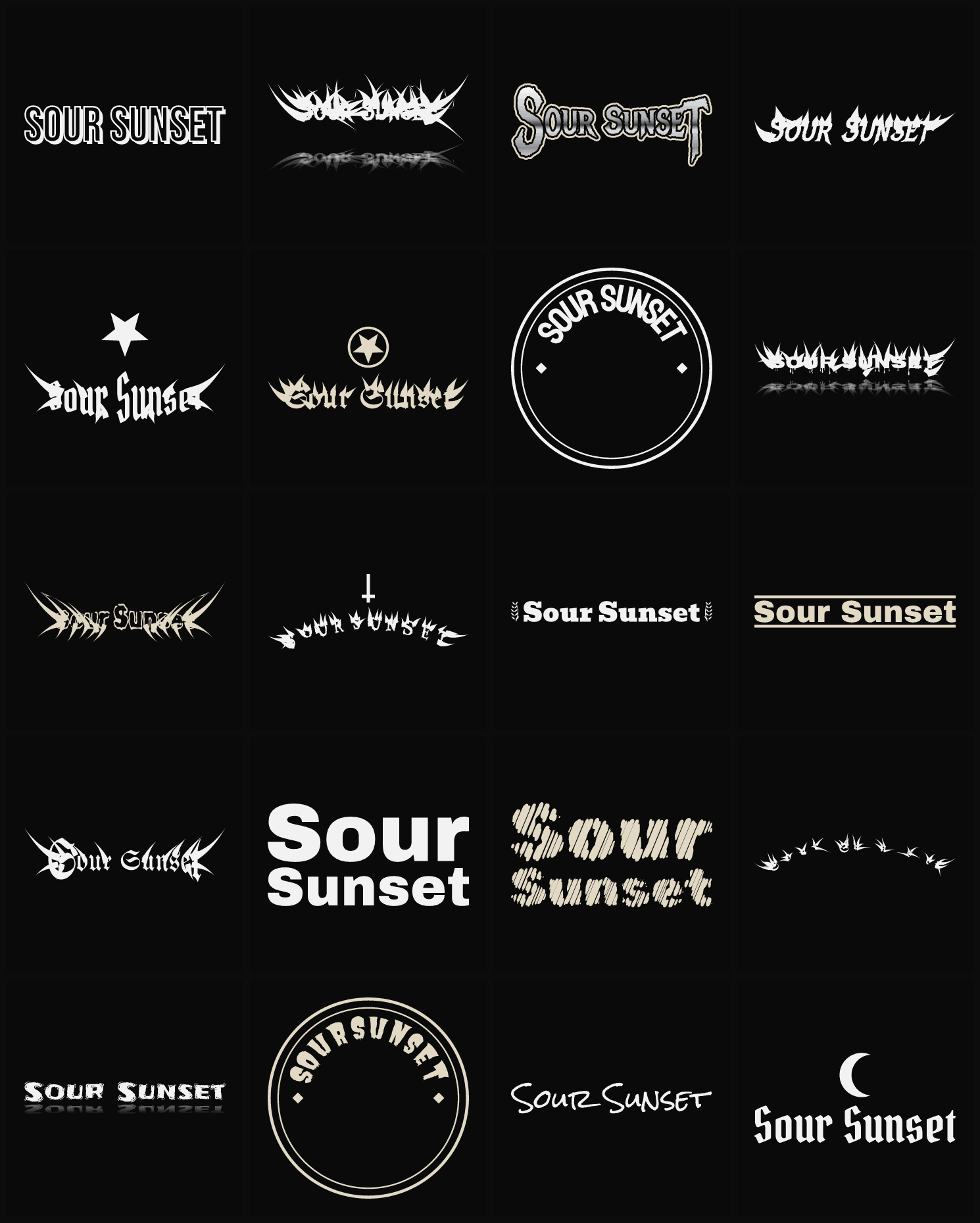 Twenty Sour Sunset band logo ideas — different faces, treatments and spike settings