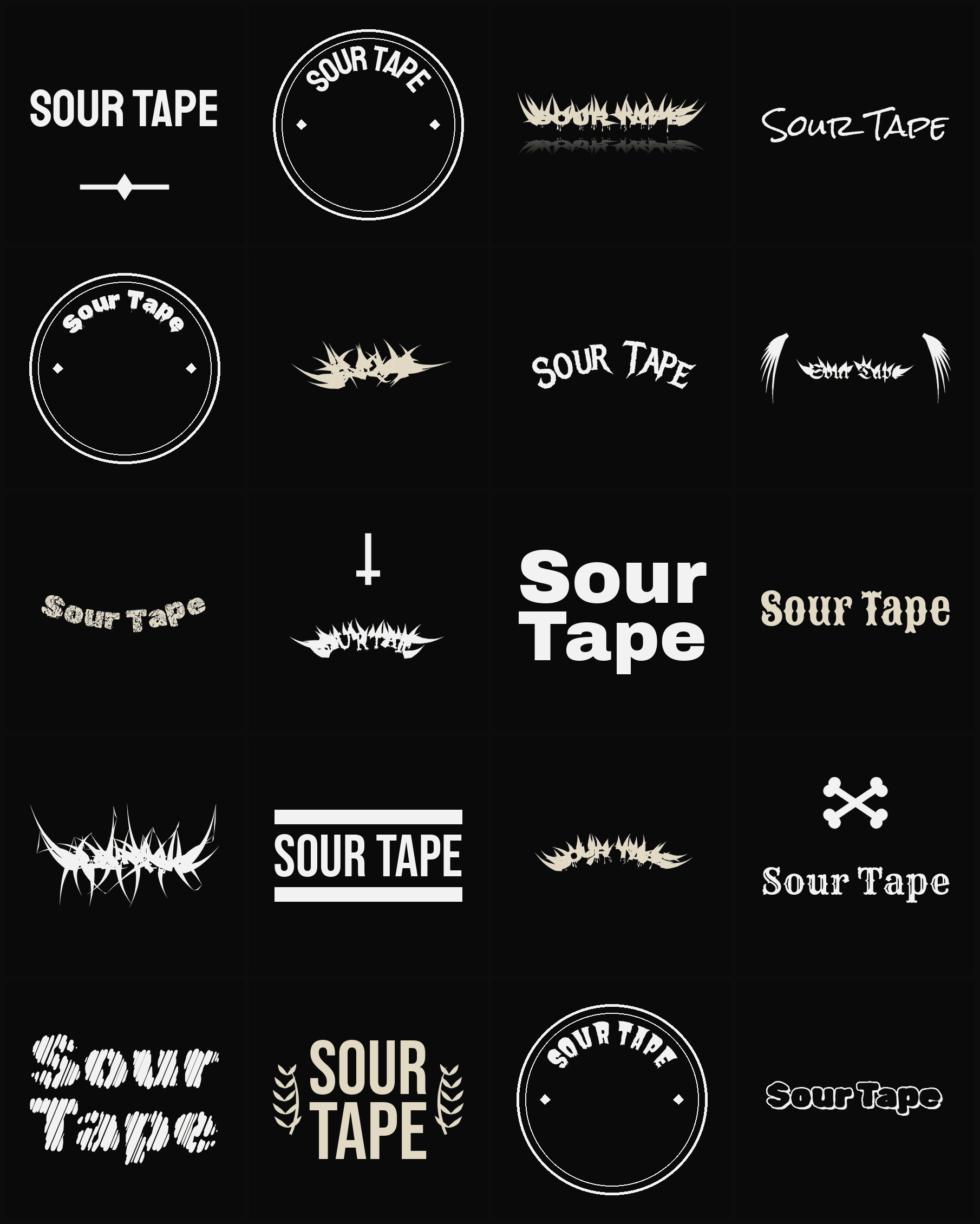 Twenty Sour Tape band logo ideas — different faces, treatments and spike settings